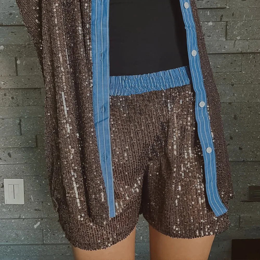 New Style Women's Suit Loose Casual Sequin Patchwork Long Sleeve Shirt Shorts Pants Set Fashion Women 2025 New BAP7