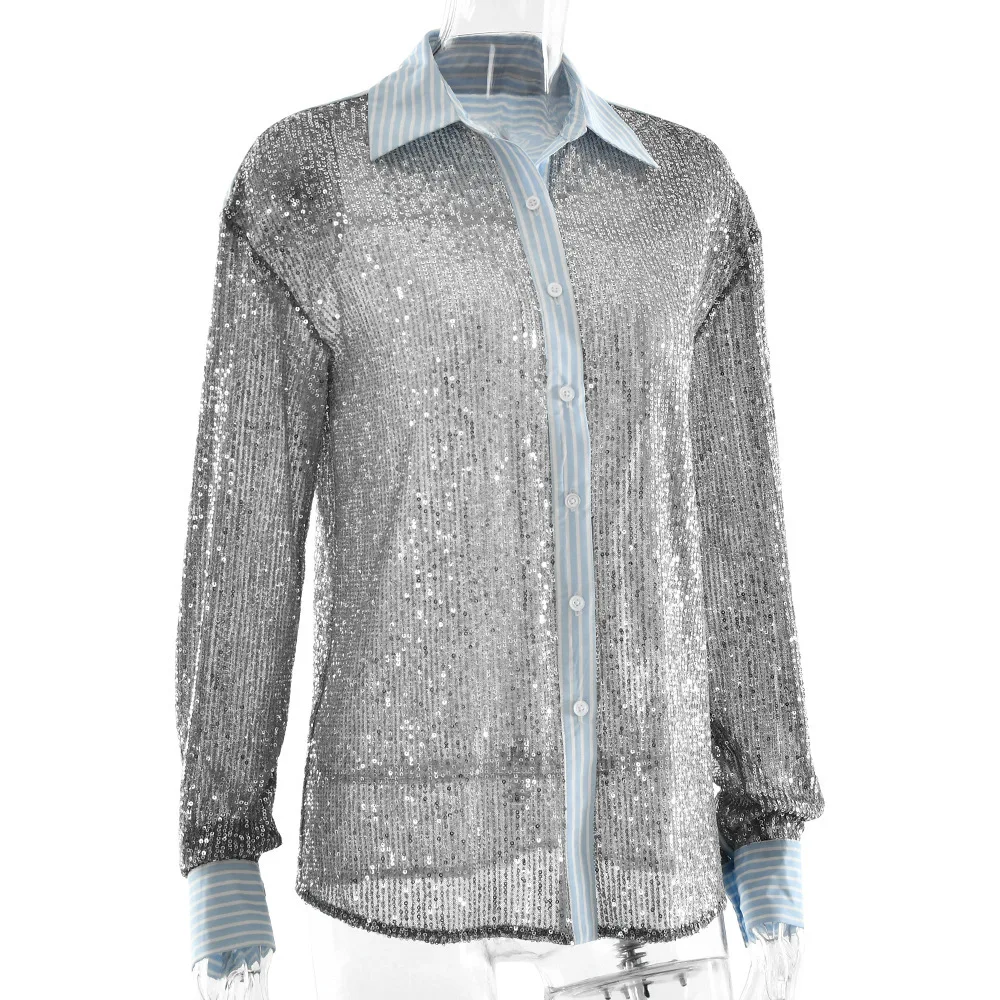 New Style Women's Suit Loose Casual Sequin Patchwork Long Sleeve Shirt Shorts Pants Set Fashion Women 2025 New BAP7
