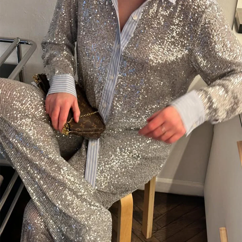 New Style Women's Suit Loose Casual Sequin Patchwork Long Sleeve Shirt Shorts Pants Set Fashion Women 2025 New BAP7