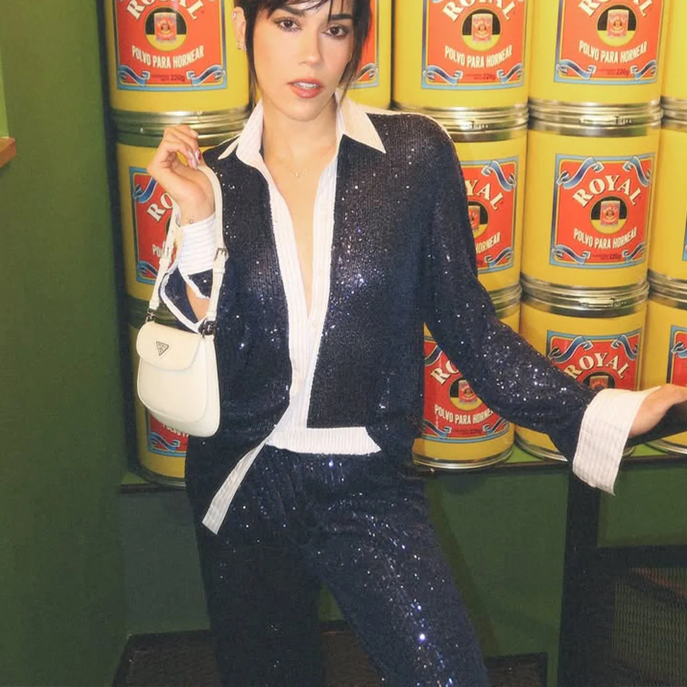 New Style Women's Suit Loose Casual Sequin Patchwork Long Sleeve Shirt Shorts Pants Set Fashion Women 2025 New BAP7