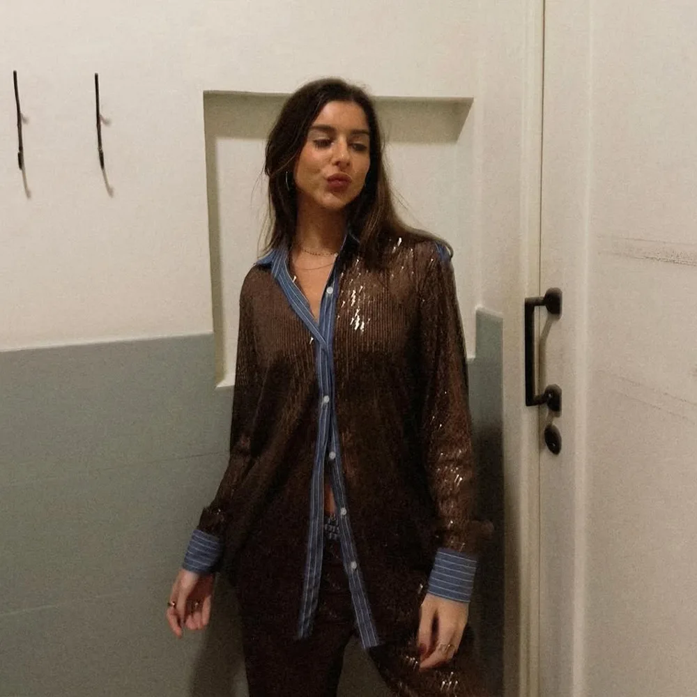 New Style Women's Suit Loose Casual Sequin Patchwork Long Sleeve Shirt Shorts Pants Set Fashion Women 2025 New BAP7