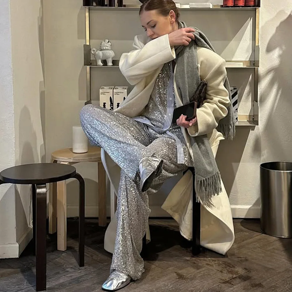 New Style Women's Suit Loose Casual Sequin Patchwork Long Sleeve Shirt Shorts Pants Set Fashion Women 2025 New BAP7