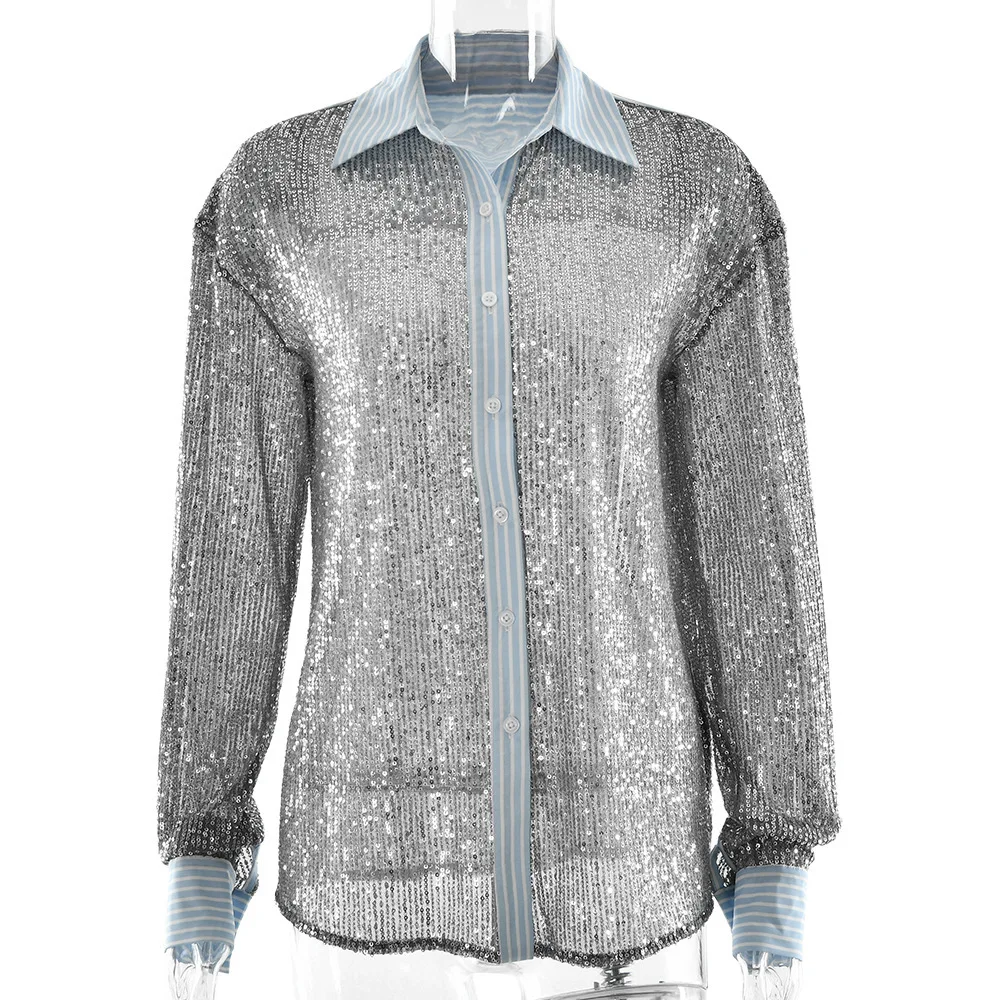 New Style Women's Suit Loose Casual Sequin Patchwork Long Sleeve Shirt Shorts Pants Set Fashion Women 2025 New BAP7
