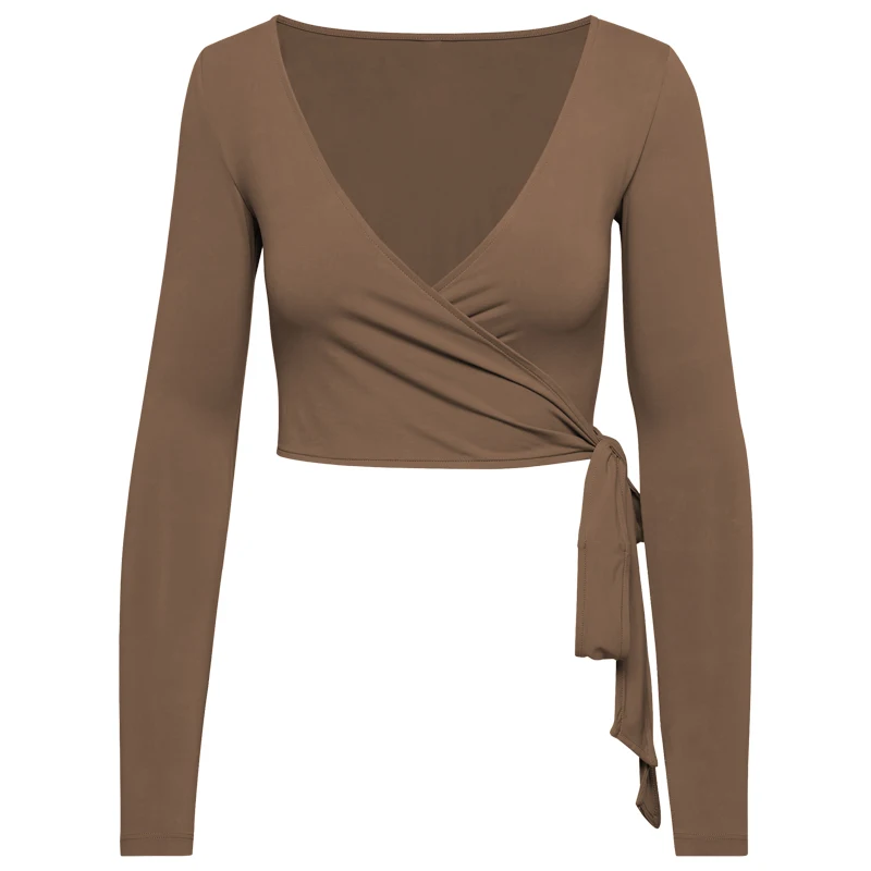 Women Bum Pilates Wrap Top Crop Tops Long Sleeve Deep V Neck Tie Tshirt Comfortable Breathable Casual Fashionable Ladies Tshirt