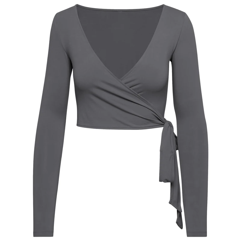 Women Bum Pilates Wrap Top Crop Tops Long Sleeve Deep V Neck Tie Tshirt Comfortable Breathable Casual Fashionable Ladies Tshirt