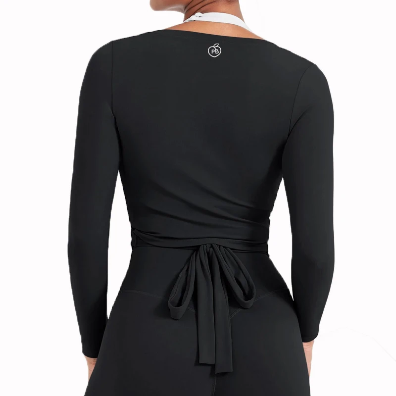 Women Bum Pilates Wrap Top Crop Tops Long Sleeve Deep V Neck Tie Tshirt Comfortable Breathable Casual Fashionable Ladies Tshirt