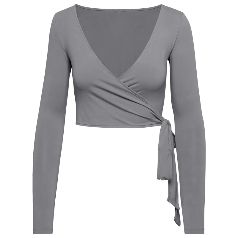 Women Bum Pilates Wrap Top Crop Tops Long Sleeve Deep V Neck Tie Tshirt Comfortable Breathable Casual Fashionable Ladies Tshirt