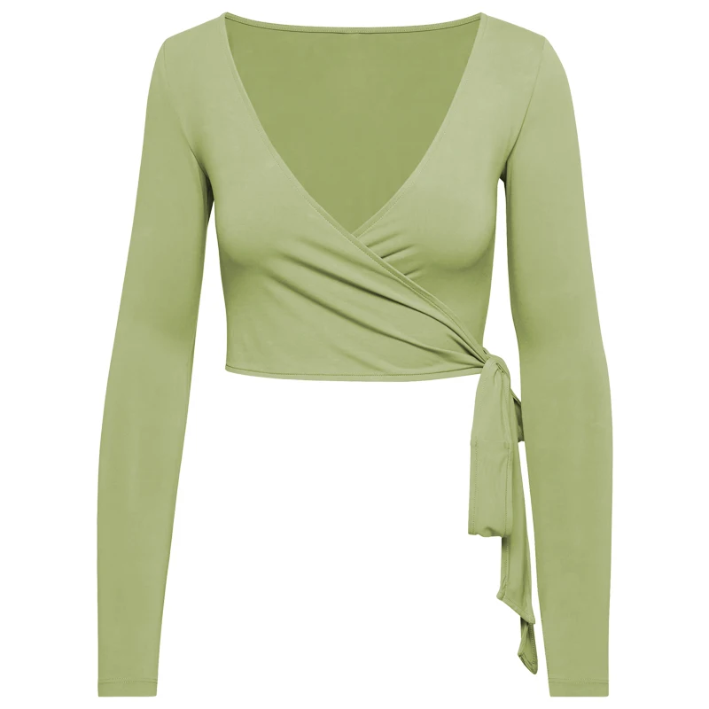 Women Bum Pilates Wrap Top Crop Tops Long Sleeve Deep V Neck Tie Tshirt Comfortable Breathable Casual Fashionable Ladies Tshirt