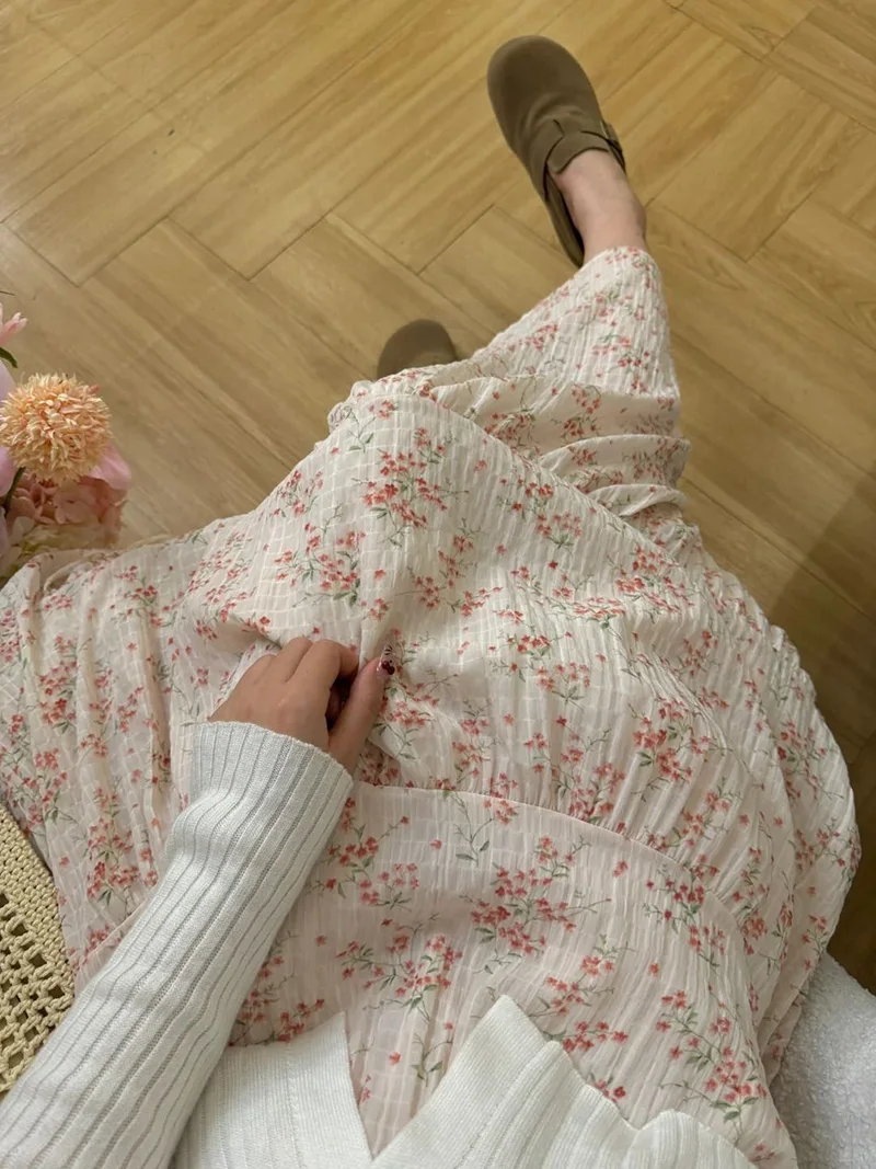 Sweet Floral Chiffon Long Skirt Women High Waist Fashion Elegant Loose Skirts Korean Chic Casual Female Summer Soft Long Skirts