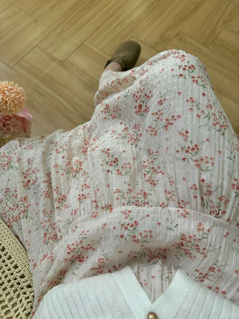 Sweet Floral Chiffon Long Skirt Women High Waist Fashion Elegant Loose Skirts Korean Chic Casual Female Summer Soft Long Skirts
