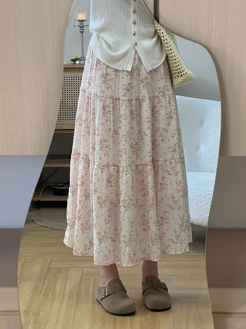 Sweet Floral Chiffon Long Skirt Women High Waist Fashion Elegant Loose Skirts Korean Chic Casual Female Summer Soft Long Skirts