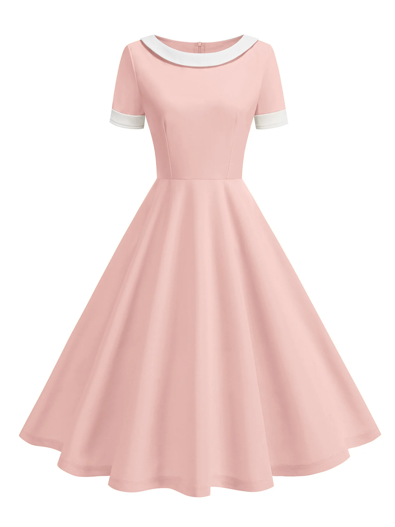 Tonval Contrast Collar and Cuff Elegant Spring Summer Women Dresses Short Sleeve Retro Clothing 1950s Swing Dress