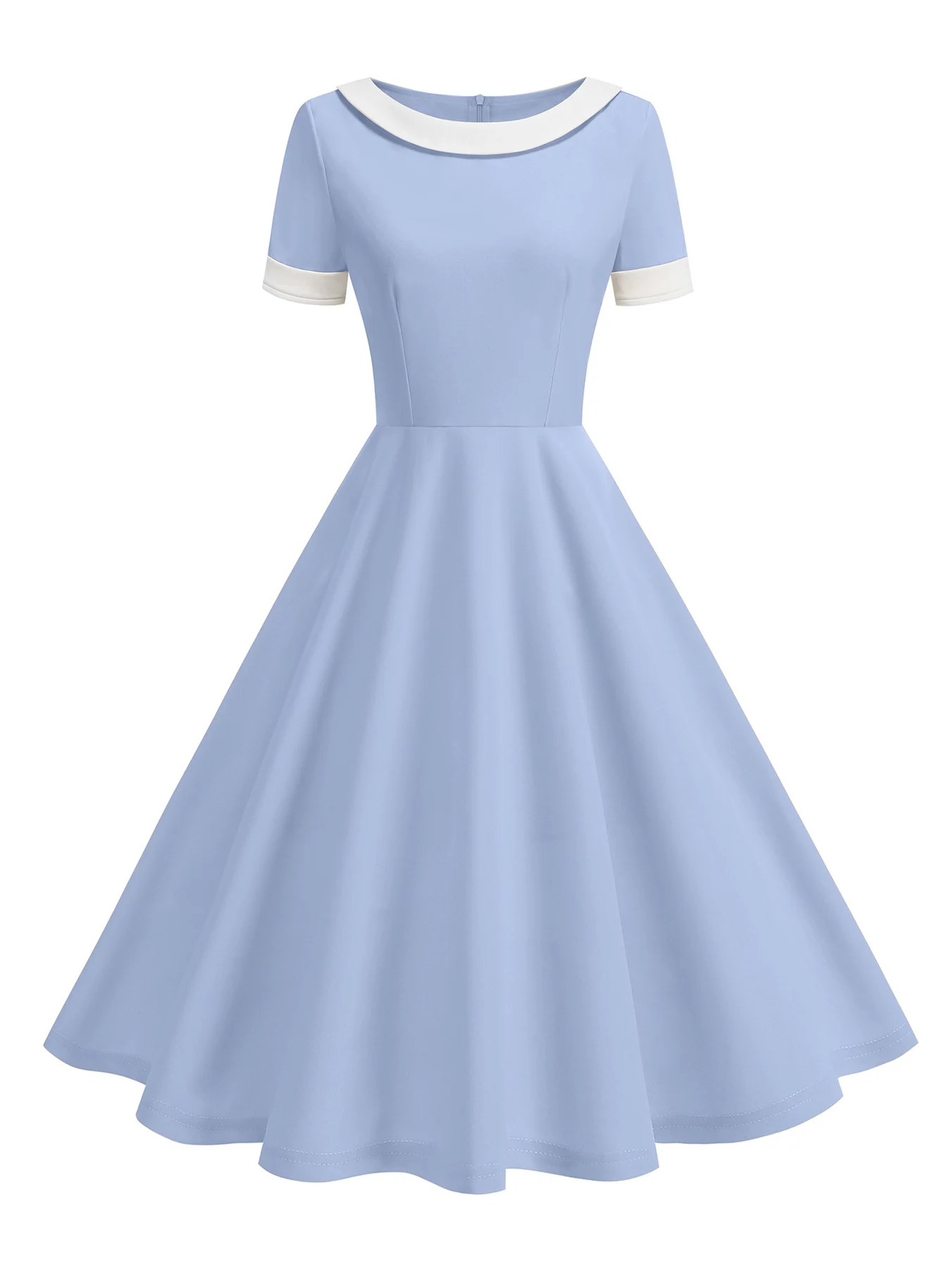 Tonval Contrast Collar and Cuff Elegant Spring Summer Women Dresses Short Sleeve Retro Clothing 1950s Swing Dress