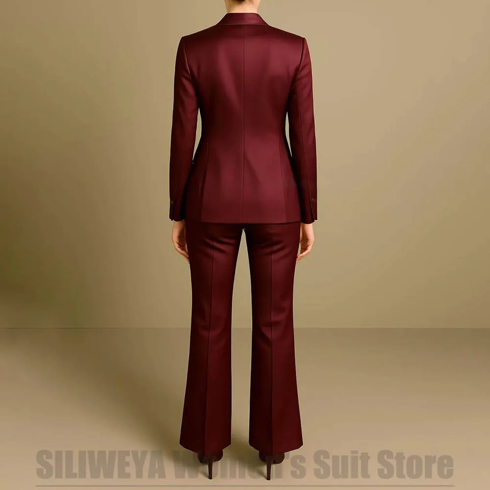 Women's Burgundy Satin 3 Piece Suit Set Fashion One Button Blazer Vest Flared Pants Formal Office Party Prom Wedding Tuxedo