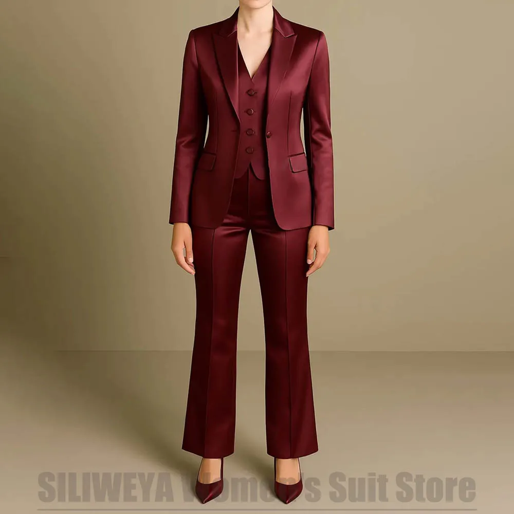 Women's Burgundy Satin 3 Piece Suit Set Fashion One Button Blazer Vest Flared Pants Formal Office Party Prom Wedding Tuxedo