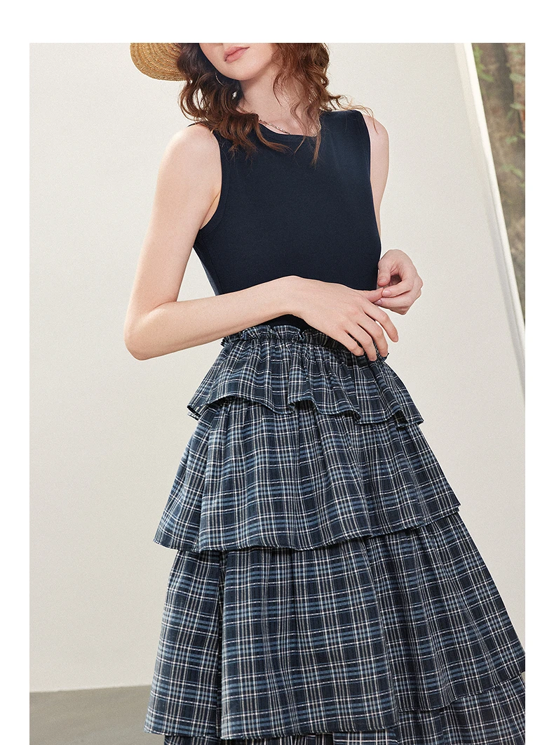 TOYOUTH Women Dress 2026 Spring New Splicing Plaid Slim Fit Soft and Flowing Mid Length Cake Skirt