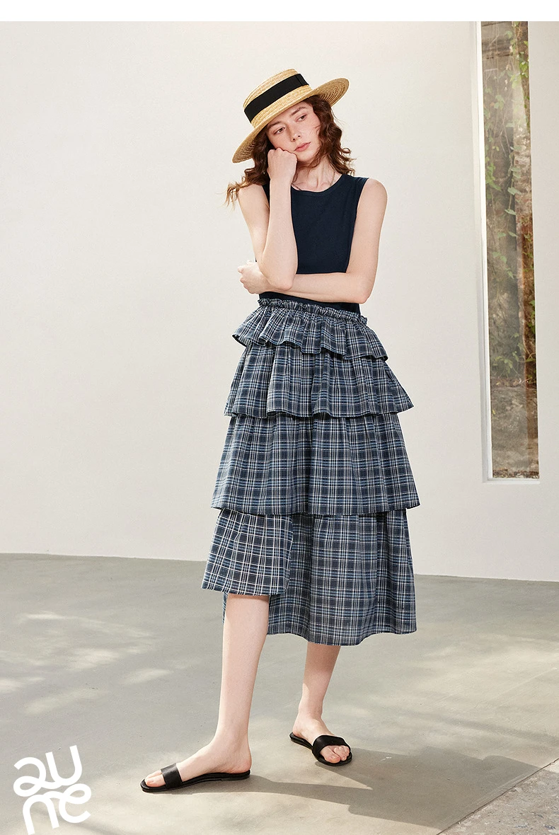 TOYOUTH Women Dress 2026 Spring New Splicing Plaid Slim Fit Soft and Flowing Mid Length Cake Skirt
