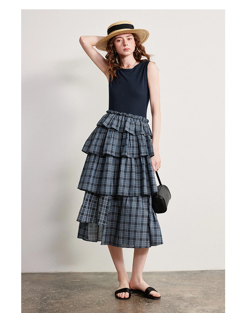 TOYOUTH Women Dress 2026 Spring New Splicing Plaid Slim Fit Soft and Flowing Mid Length Cake Skirt