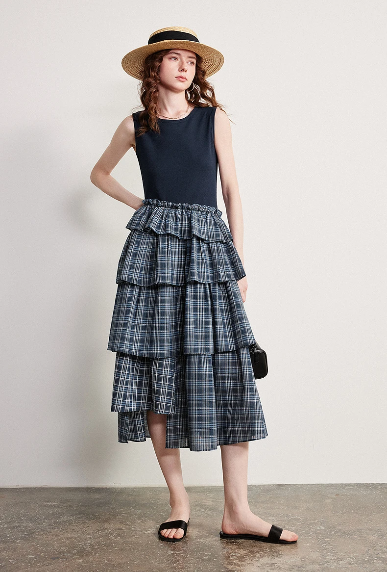 TOYOUTH Women Dress 2026 Spring New Splicing Plaid Slim Fit Soft and Flowing Mid Length Cake Skirt