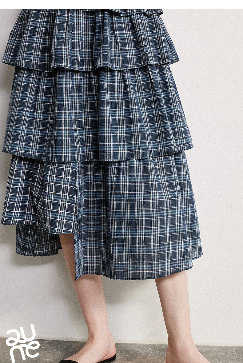 TOYOUTH Women Dress 2026 Spring New Splicing Plaid Slim Fit Soft and Flowing Mid Length Cake Skirt