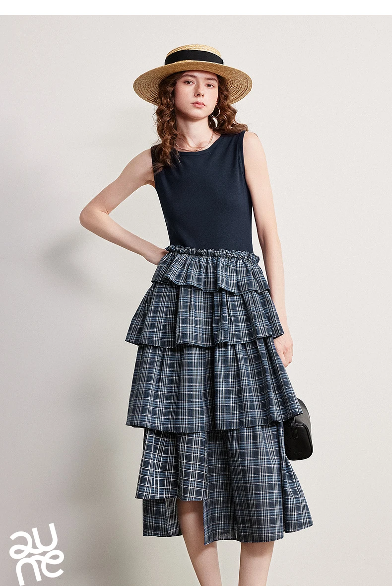 TOYOUTH Women Dress 2026 Spring New Splicing Plaid Slim Fit Soft and Flowing Mid Length Cake Skirt