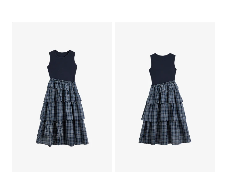TOYOUTH Women Dress 2026 Spring New Splicing Plaid Slim Fit Soft and Flowing Mid Length Cake Skirt