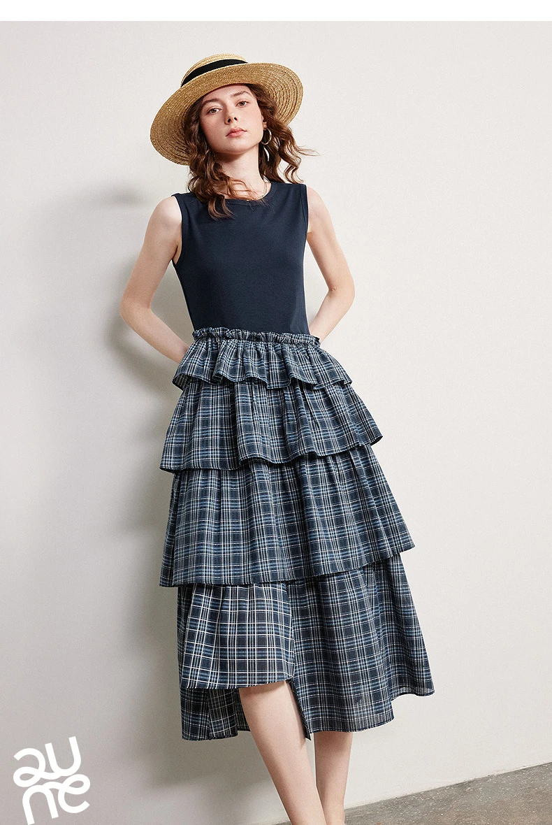 TOYOUTH Women Dress 2026 Spring New Splicing Plaid Slim Fit Soft and Flowing Mid Length Cake Skirt