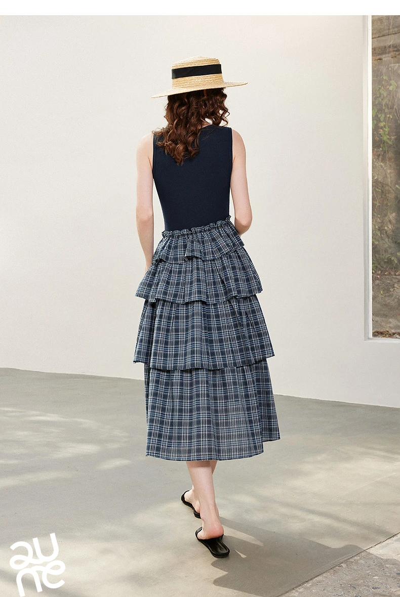 TOYOUTH Women Dress 2026 Spring New Splicing Plaid Slim Fit Soft and Flowing Mid Length Cake Skirt