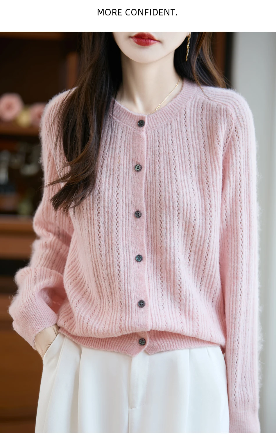 Sweater New Women 100% Merino Wool Cardigan O-Neck Knit Solid Color Autumn Winter Single-breasted Clothing Skin Friendly Top