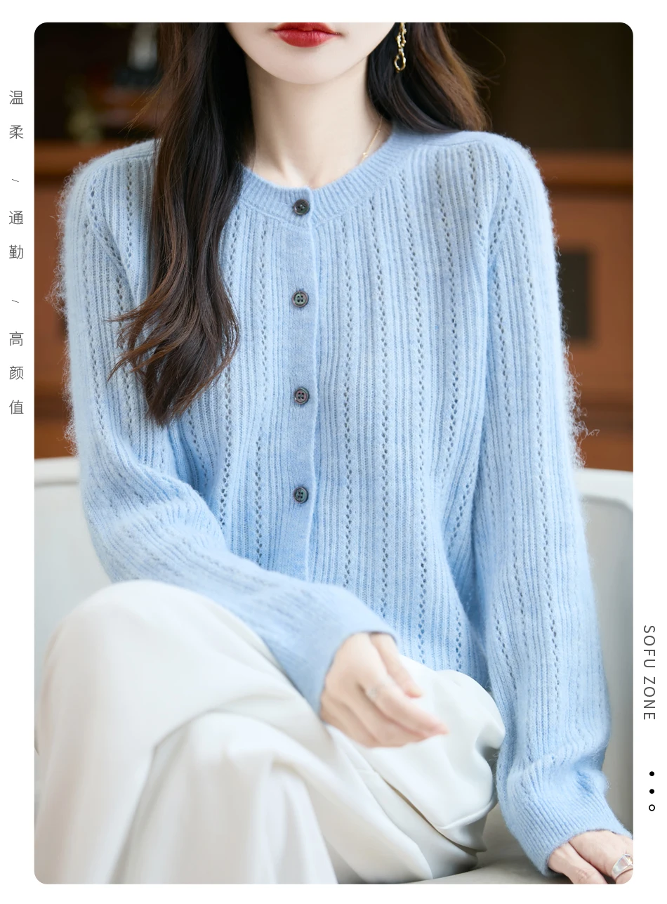 Sweater New Women 100% Merino Wool Cardigan O-Neck Knit Solid Color Autumn Winter Single-breasted Clothing Skin Friendly Top