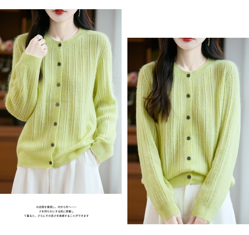 Sweater New Women 100% Merino Wool Cardigan O-Neck Knit Solid Color Autumn Winter Single-breasted Clothing Skin Friendly Top