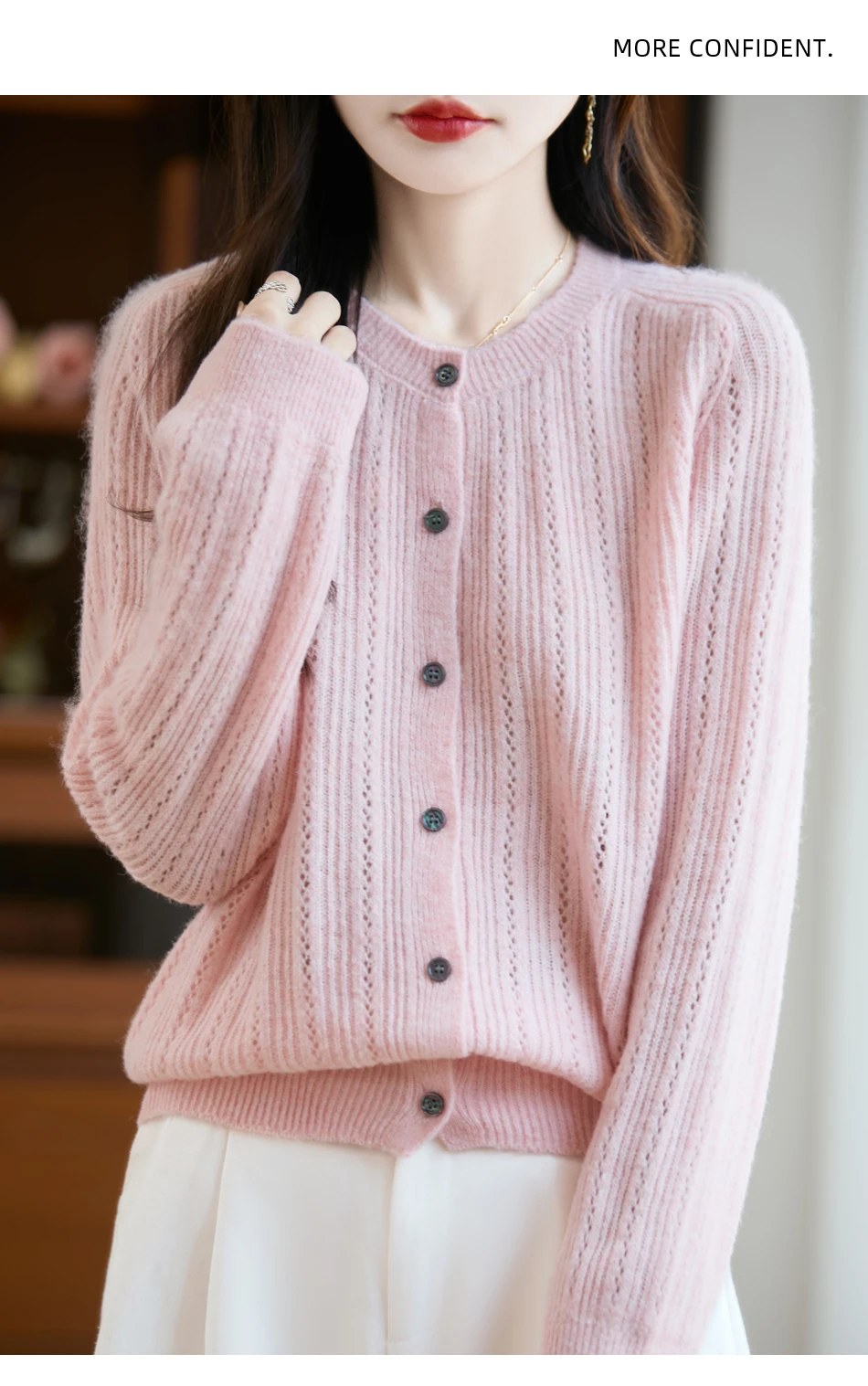 Sweater New Women 100% Merino Wool Cardigan O-Neck Knit Solid Color Autumn Winter Single-breasted Clothing Skin Friendly Top