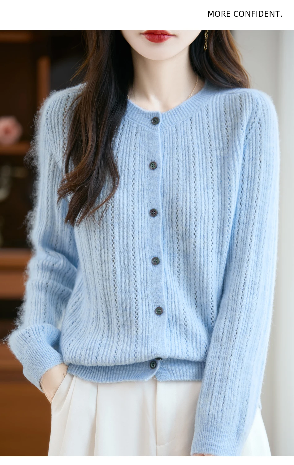 Sweater New Women 100% Merino Wool Cardigan O-Neck Knit Solid Color Autumn Winter Single-breasted Clothing Skin Friendly Top