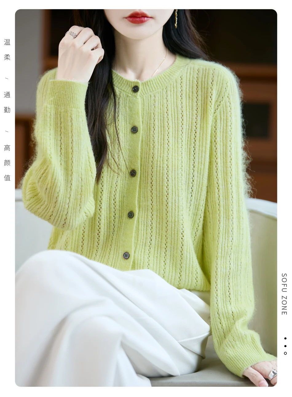 Sweater New Women 100% Merino Wool Cardigan O-Neck Knit Solid Color Autumn Winter Single-breasted Clothing Skin Friendly Top