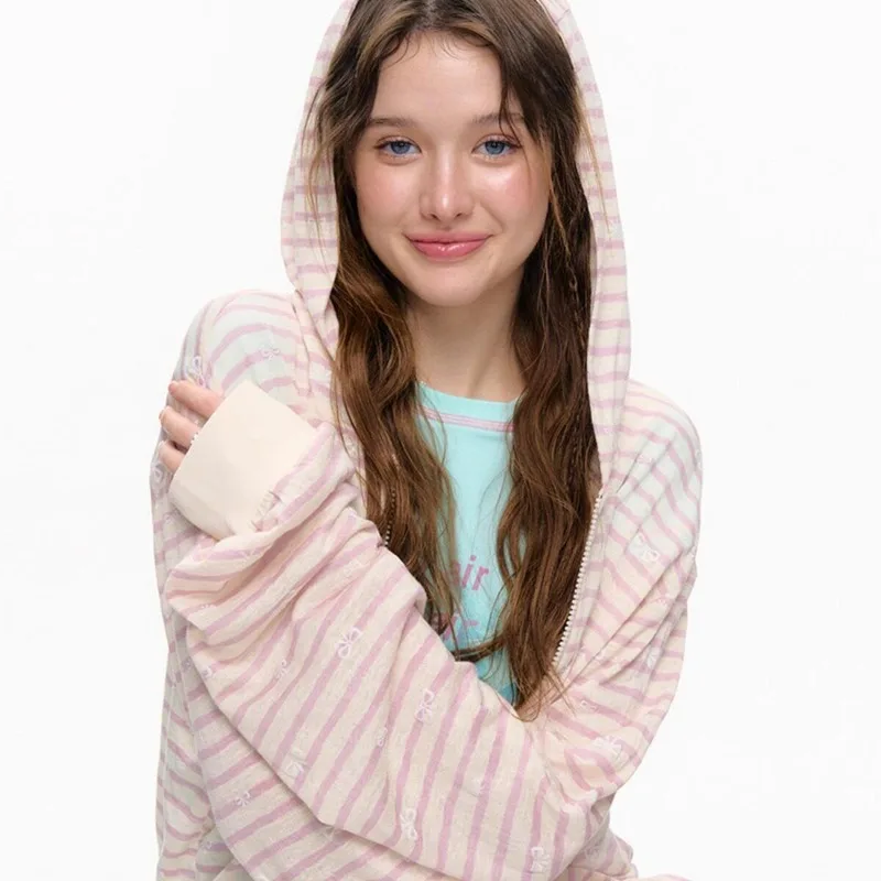 College-style Casual Loose Outerwear American Retro All Match Zipper Sweatshirt Street Sweet Bow Design Hooded Coats Female Top
