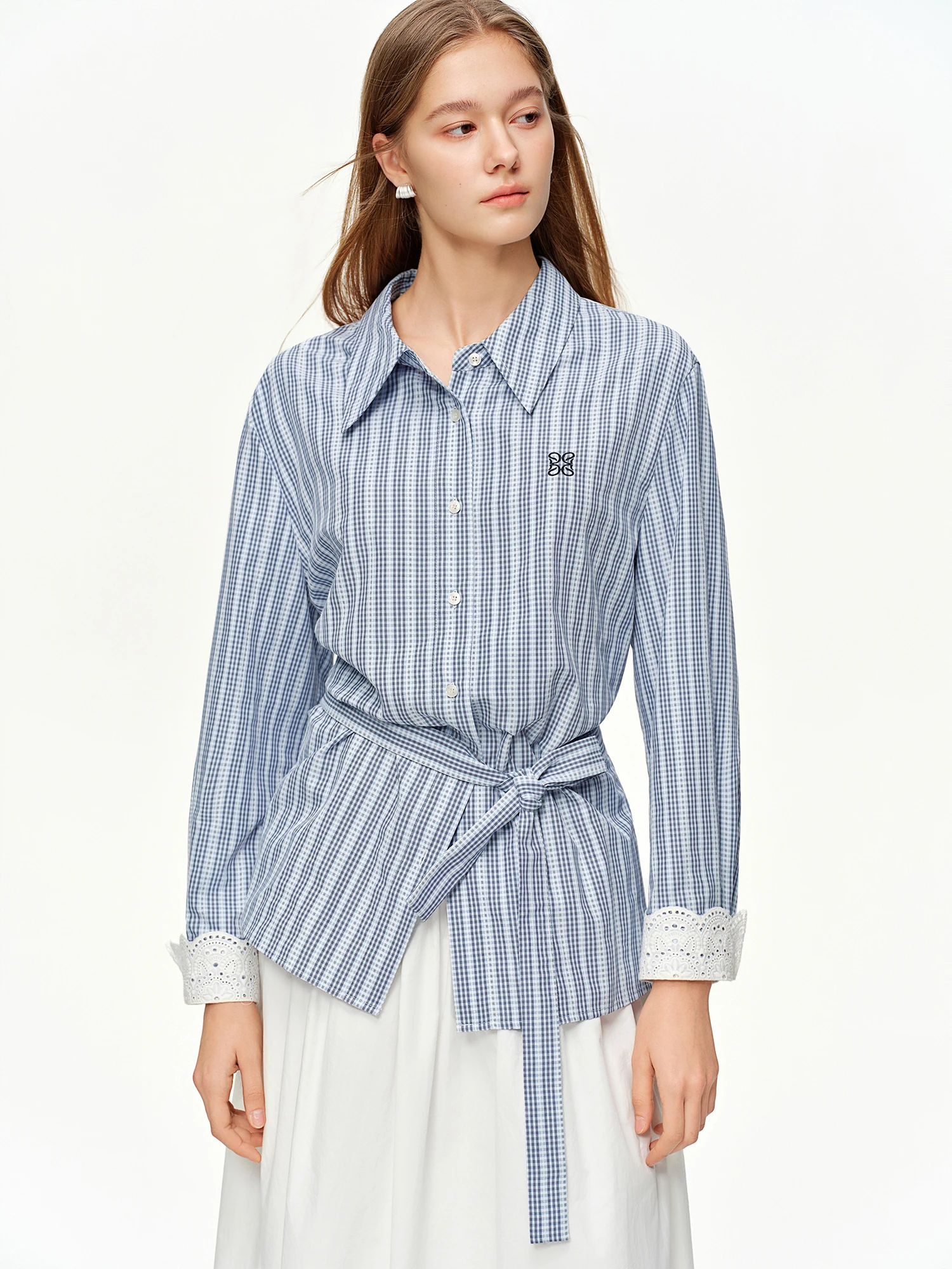 DUSHU 2025 Spring Women's Lace Trim Jacquard Striped Shirt - Tie Waist Blouse with Floral Pattern for Casual and Office Wear