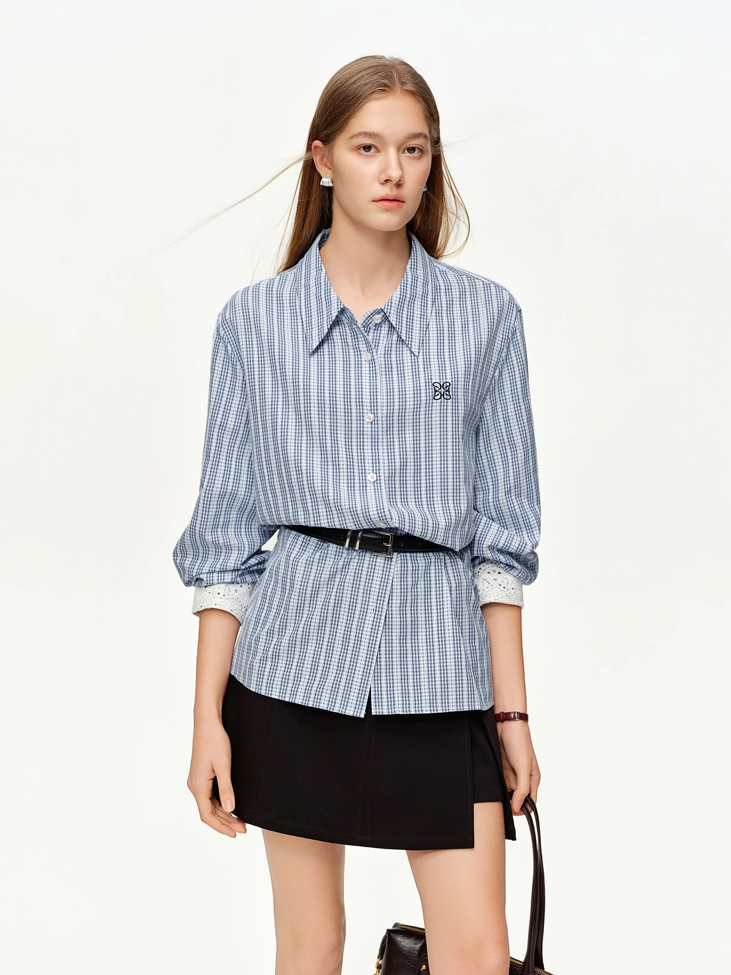 DUSHU 2025 Spring Women's Lace Trim Jacquard Striped Shirt - Tie Waist Blouse with Floral Pattern for Casual and Office Wear