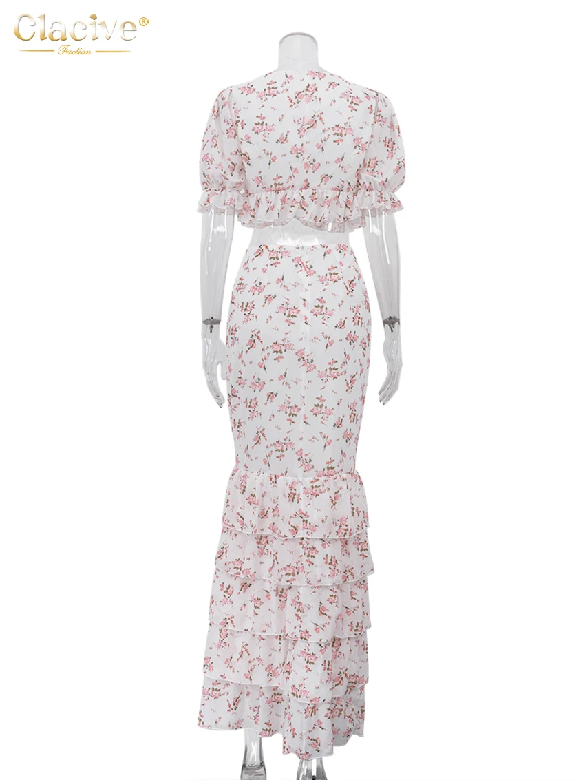 Clacive Fashion Loose Print Two Piece Outfits Woman Sexy Short Sleeve Crop Shirt With High Waist Maxi Skirt Set Female Clothes