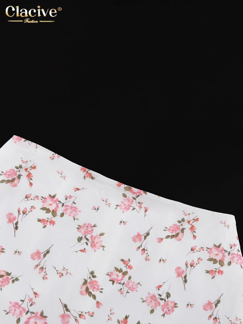 Clacive Fashion Loose Print Two Piece Outfits Woman Sexy Short Sleeve Crop Shirt With High Waist Maxi Skirt Set Female Clothes