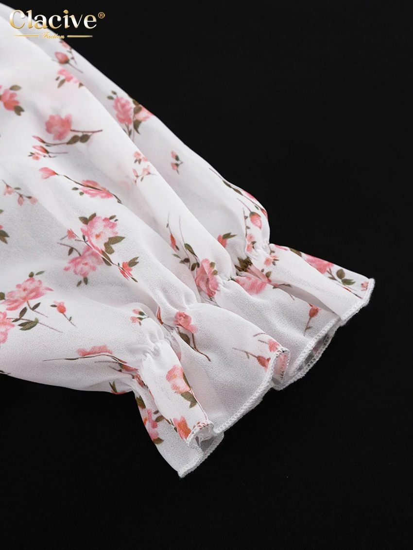 Clacive Fashion Loose Print Two Piece Outfits Woman Sexy Short Sleeve Crop Shirt With High Waist Maxi Skirt Set Female Clothes