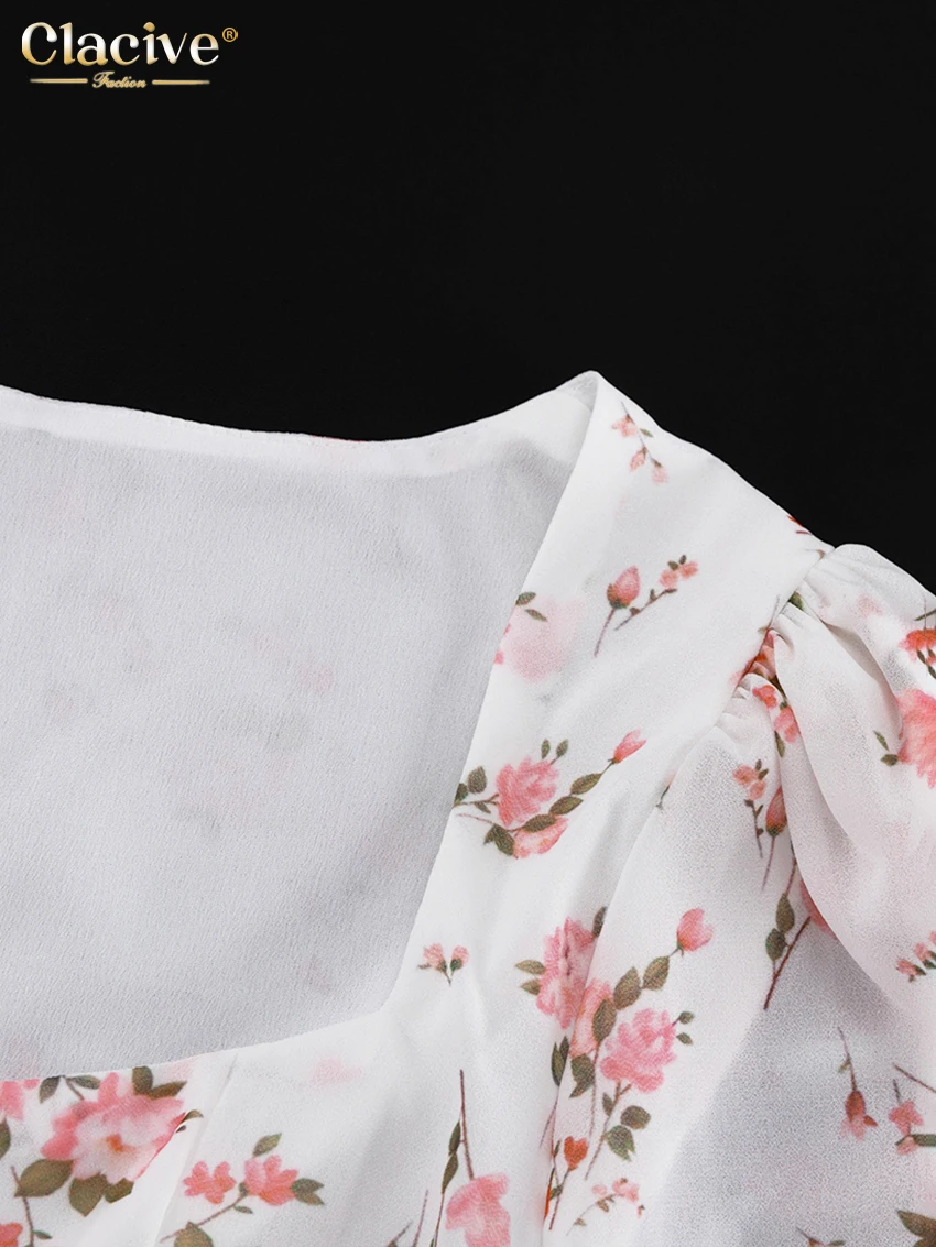 Clacive Fashion Loose Print Two Piece Outfits Woman Sexy Short Sleeve Crop Shirt With High Waist Maxi Skirt Set Female Clothes