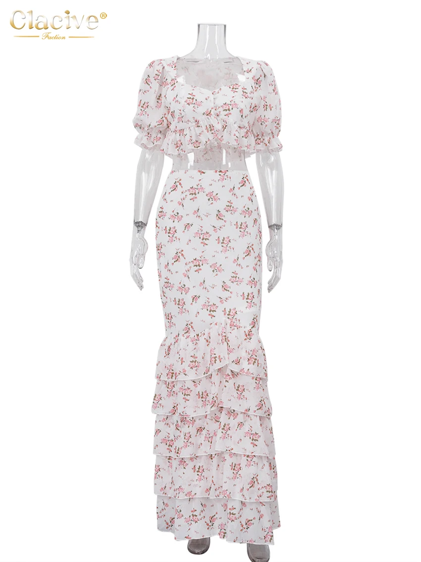 Clacive Fashion Loose Print Two Piece Outfits Woman Sexy Short Sleeve Crop Shirt With High Waist Maxi Skirt Set Female Clothes