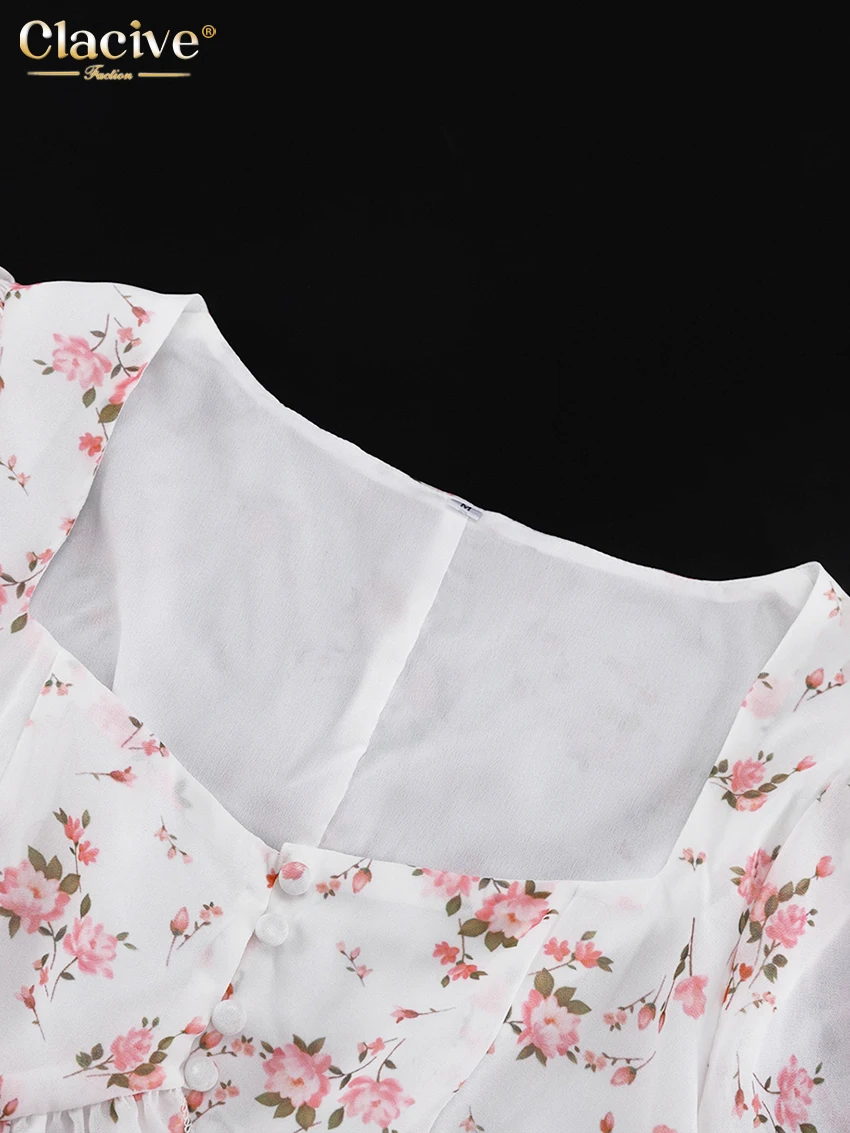 Clacive Fashion Loose Print Two Piece Outfits Woman Sexy Short Sleeve Crop Shirt With High Waist Maxi Skirt Set Female Clothes