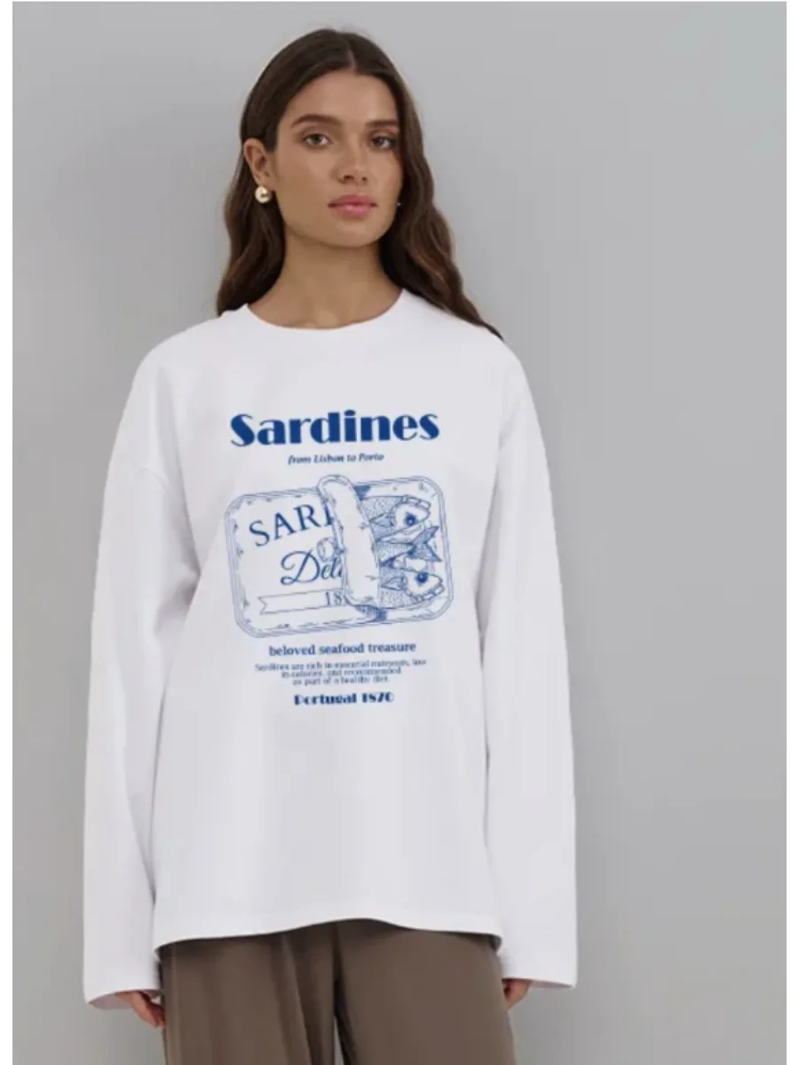2026 Spring Autumn new Fashion Small Fresh Women's Print T-shirt Versatile Commuter 100% Cotton Long-sleeved Top