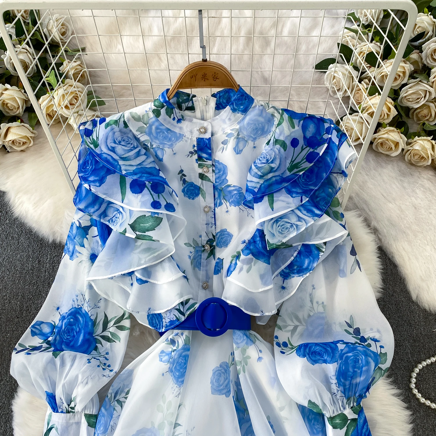 Fashion Elegant Stand Collar Long Lantern Sleeve Big Swing Robe Single Breasted Belt Slim Waist Print Dress Chic Summer Vestido