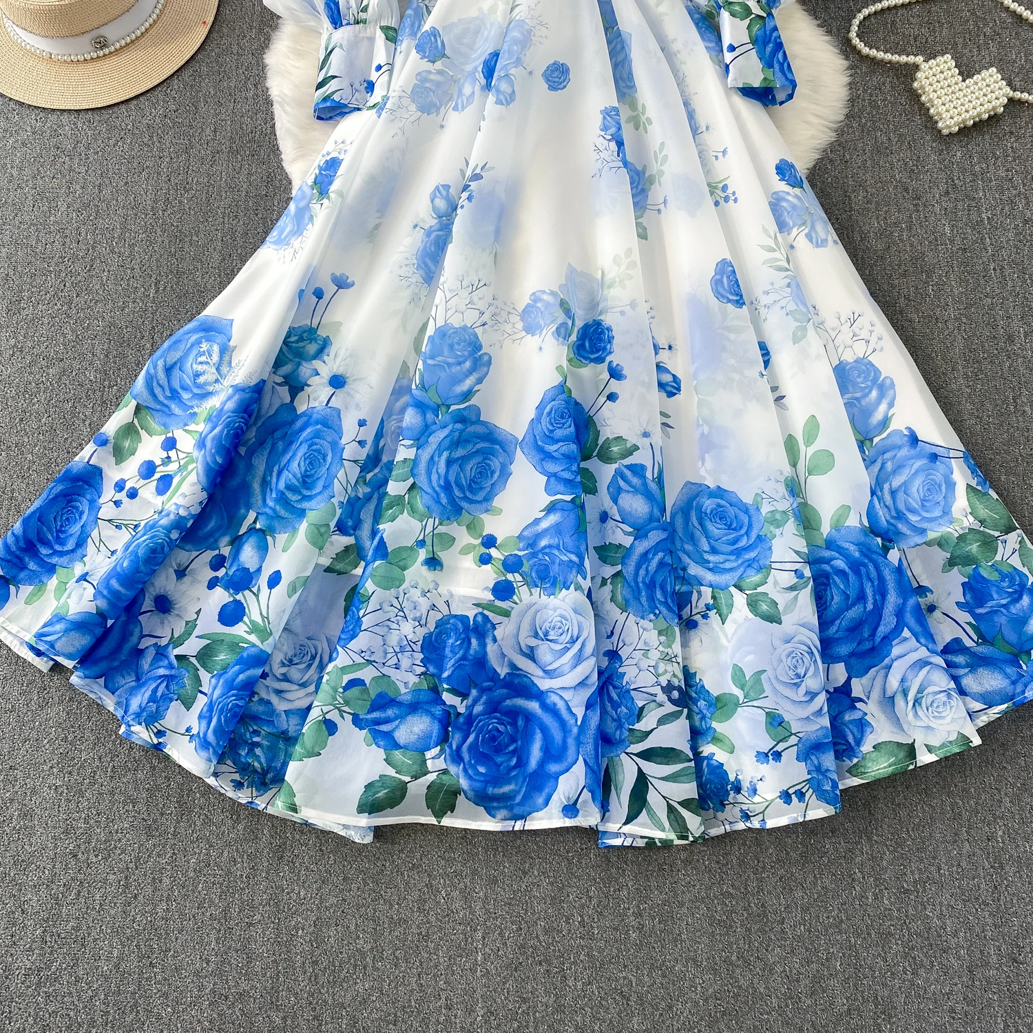 Fashion Elegant Stand Collar Long Lantern Sleeve Big Swing Robe Single Breasted Belt Slim Waist Print Dress Chic Summer Vestido