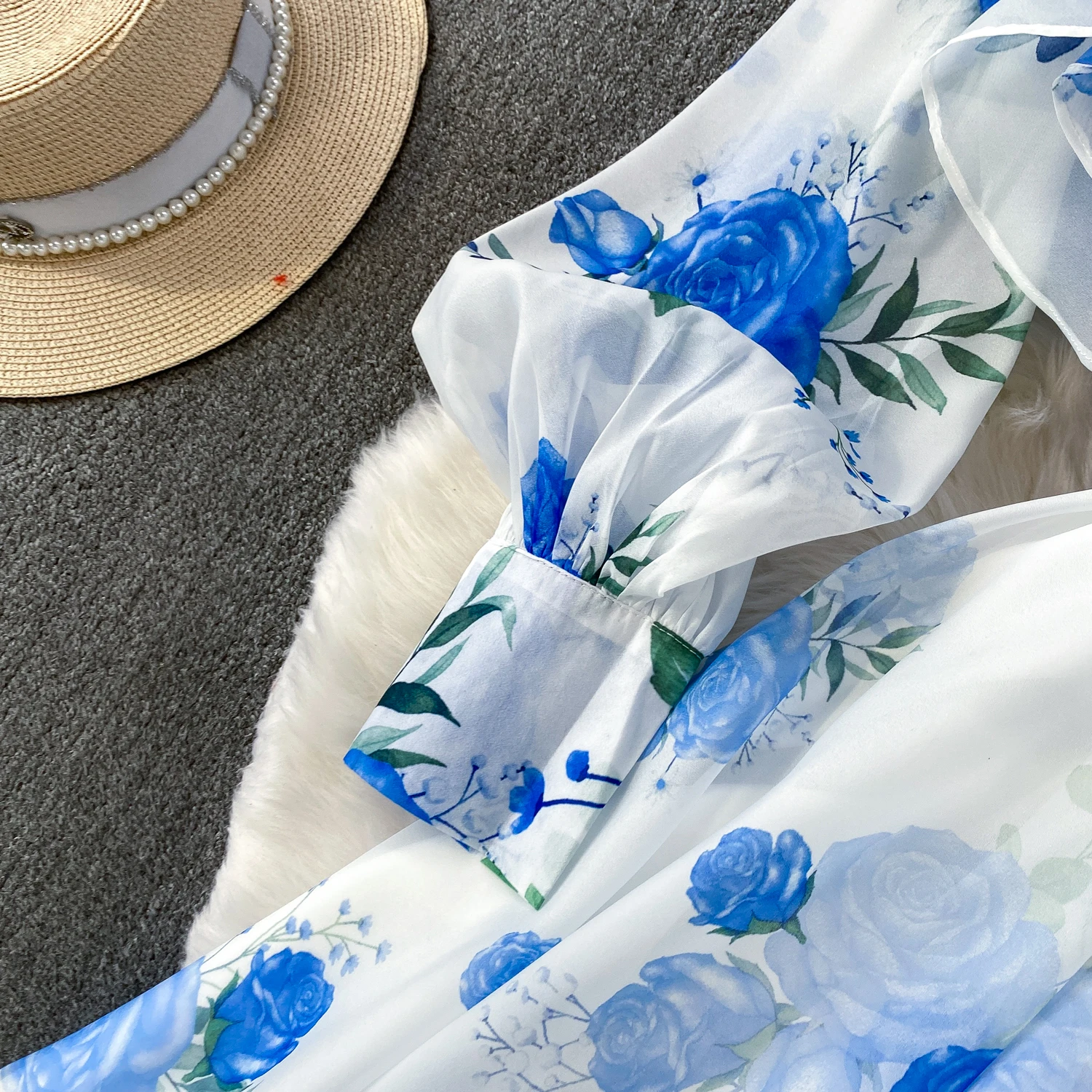 Fashion Elegant Stand Collar Long Lantern Sleeve Big Swing Robe Single Breasted Belt Slim Waist Print Dress Chic Summer Vestido