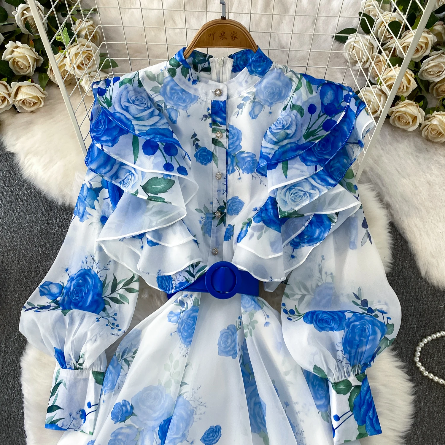 Fashion Elegant Stand Collar Long Lantern Sleeve Big Swing Robe Single Breasted Belt Slim Waist Print Dress Chic Summer Vestido