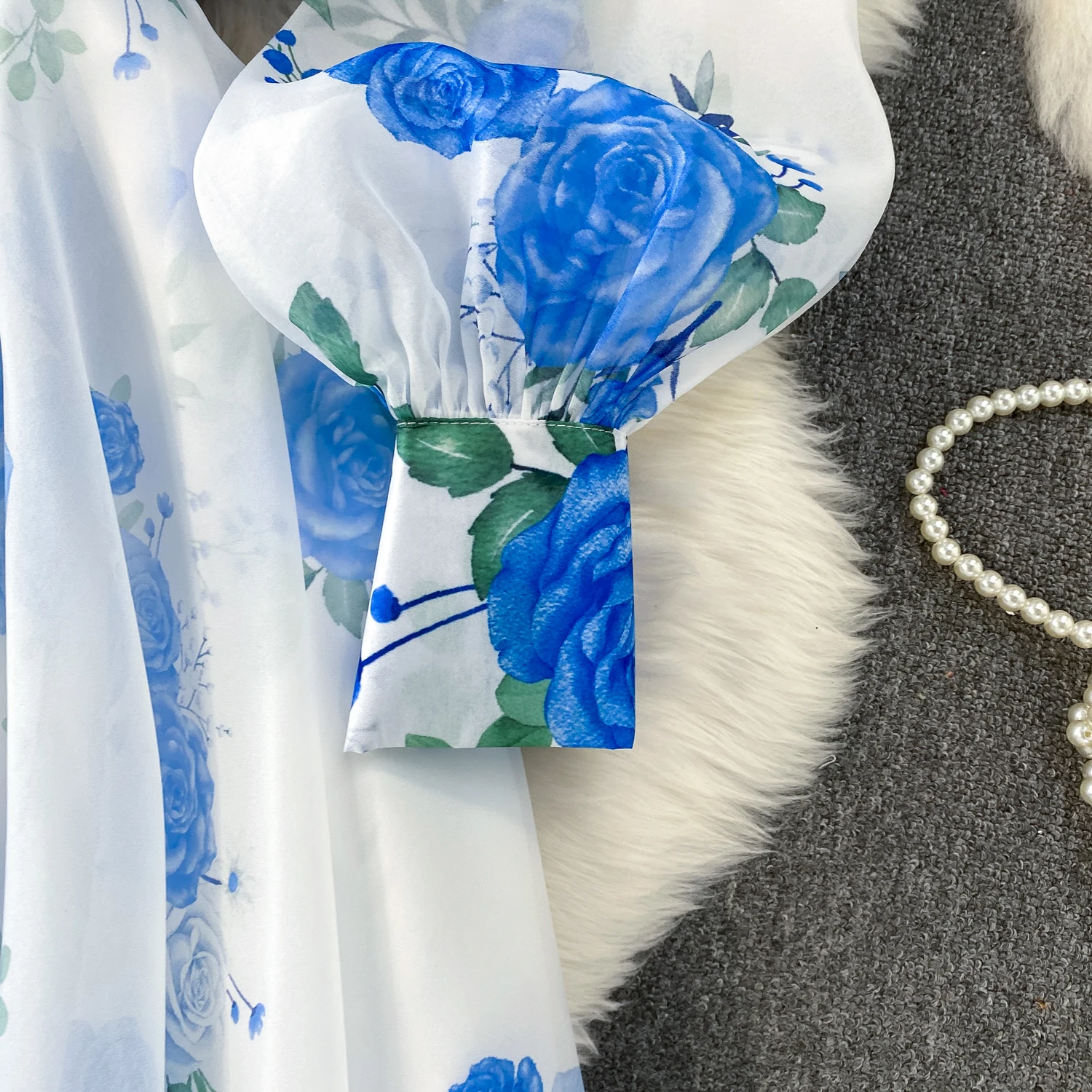 Fashion Elegant Stand Collar Long Lantern Sleeve Big Swing Robe Single Breasted Belt Slim Waist Print Dress Chic Summer Vestido