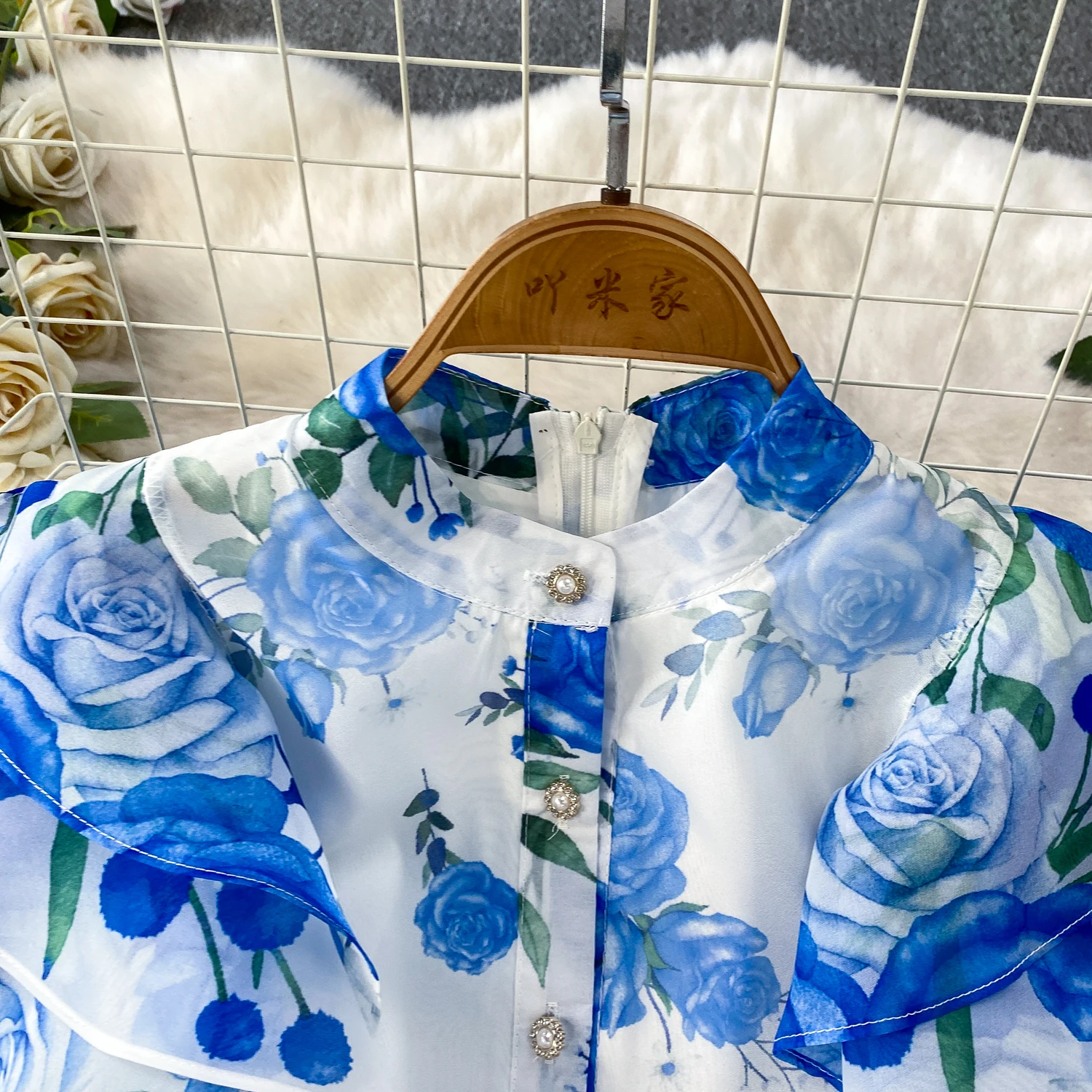 Fashion Elegant Stand Collar Long Lantern Sleeve Big Swing Robe Single Breasted Belt Slim Waist Print Dress Chic Summer Vestido